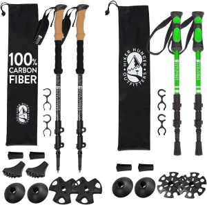 Lightweight Collapsible Trekking Poles for Kids (Green) & Carbon Fiber Aluminum Walking Sticks with Cork Grips (Black) with Flip Locks, Adjustable for All Heights for Hiking, Backpacking & Camping