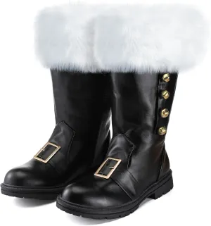 Liitrsh Christmas Santa Claus Boots Men's Wide Calf Santa Combat Boots with White Plush Cuffs Foot Bells Buckle Strap for Halloween Christmas Costume