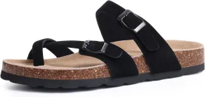 Litfun Women's Genuine Suede Cork Footbed Sandals Comfortable Summer Slides with Adjustable Buckle
