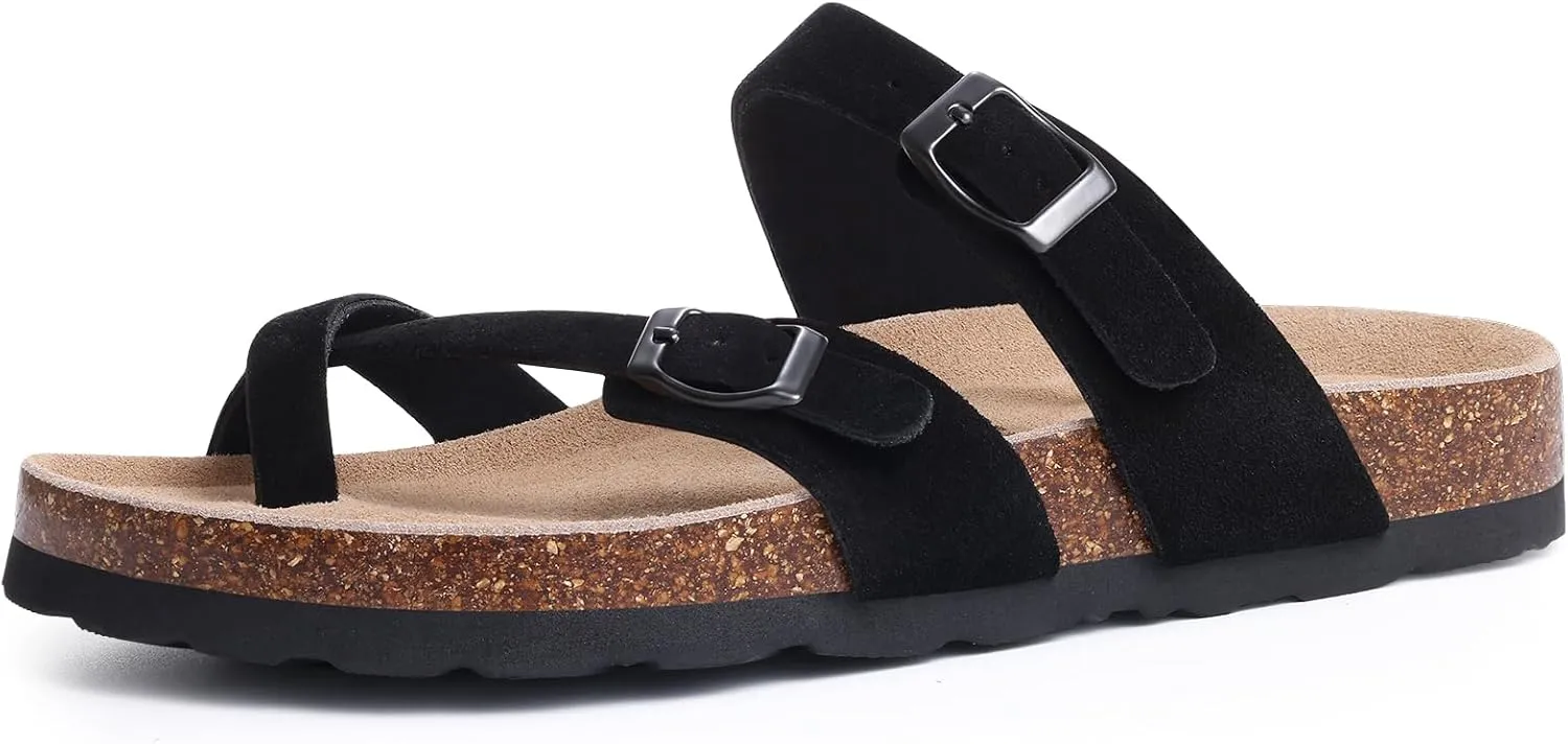 Litfun Women's Genuine Suede Cork Footbed Sandals Comfortable Summer Slides with Adjustable Buckle