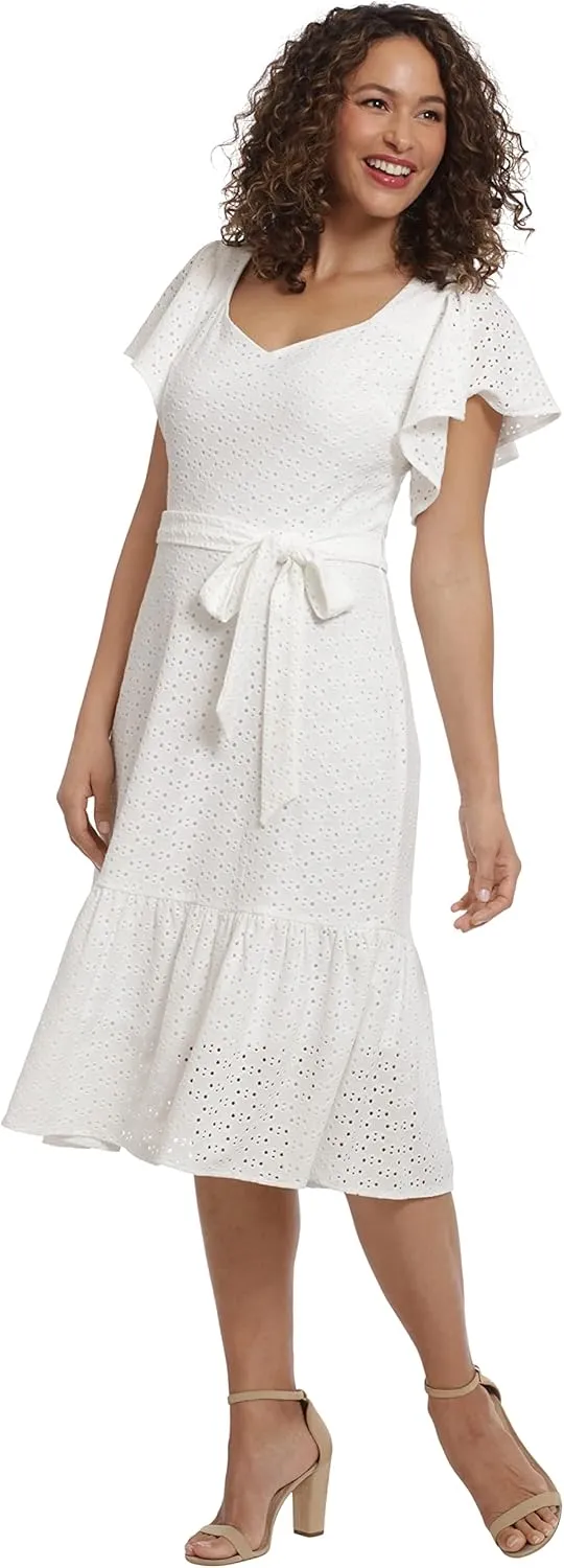 London Times Women's Knit Eyelet Flutter Sleeve Belted Tiered Midi Dress Office Career Garden Party Day Guest of