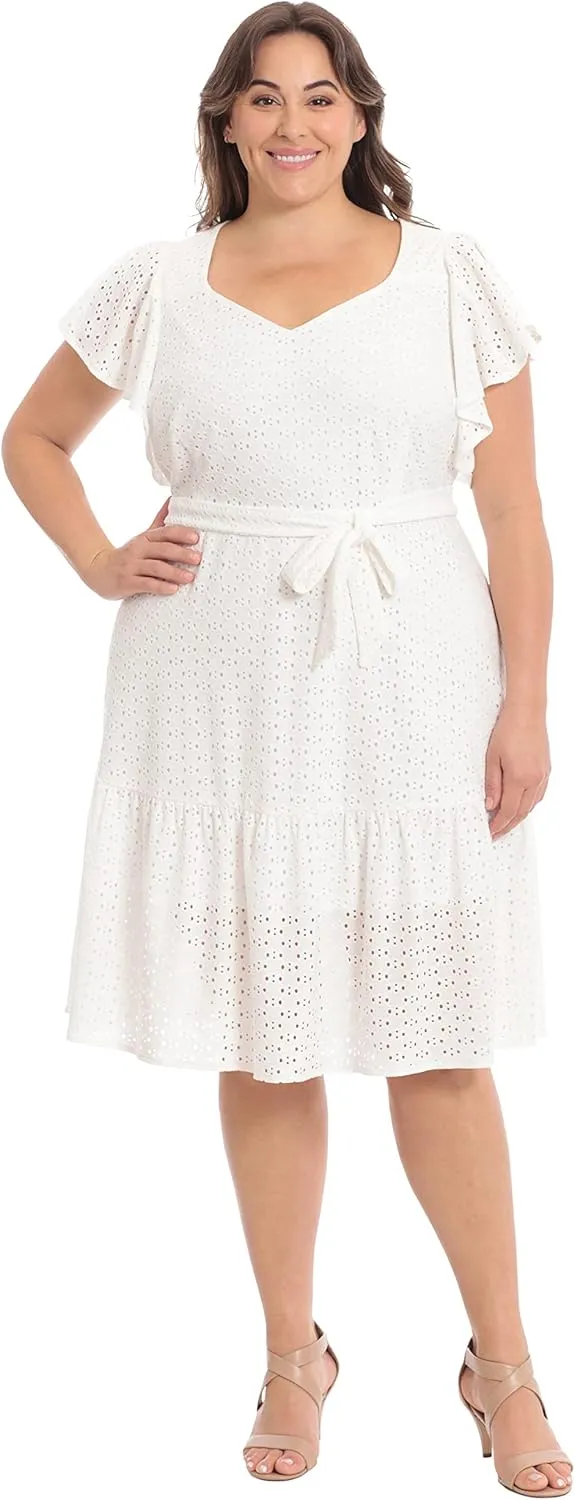 London Times Women's Knit Eyelet Flutter Sleeve Belted Tiered Midi Dress Office Career Garden Party Day Guest of