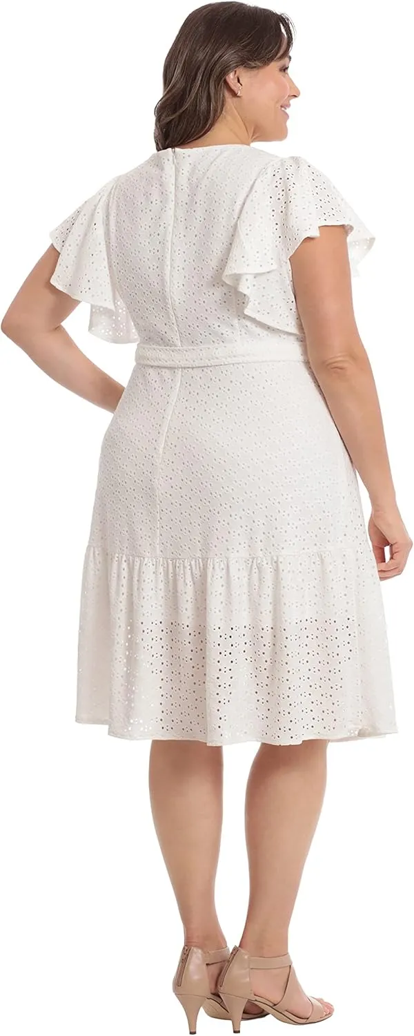 London Times Women's Knit Eyelet Flutter Sleeve Belted Tiered Midi Dress Office Career Garden Party Day Guest of
