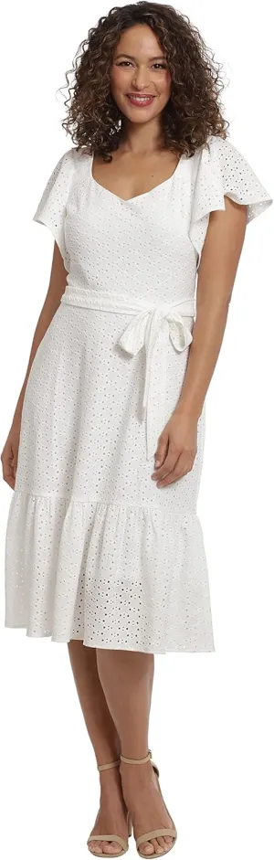 London Times Women's Knit Eyelet Flutter Sleeve Belted Tiered Midi Dress Office Career Garden Party Day Guest of