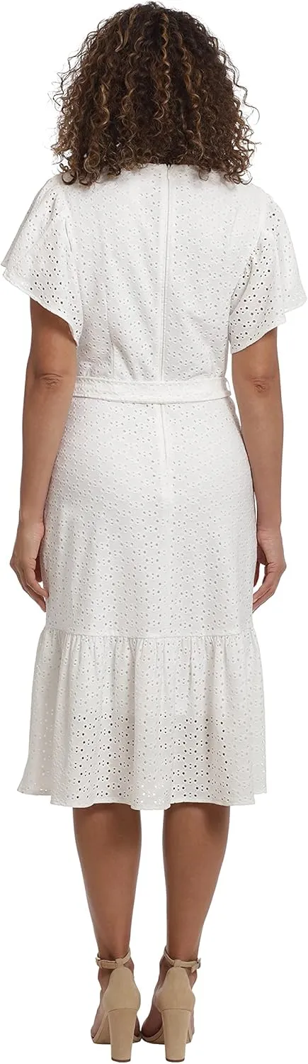 London Times Women's Knit Eyelet Flutter Sleeve Belted Tiered Midi Dress Office Career Garden Party Day Guest of