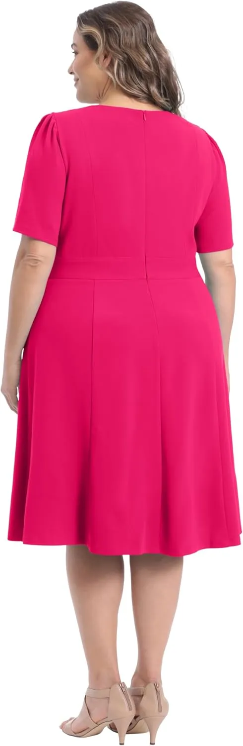London Times Women's Knit Eyelet Short Sleeve Crepe Inset Waist Midi with Button Detail