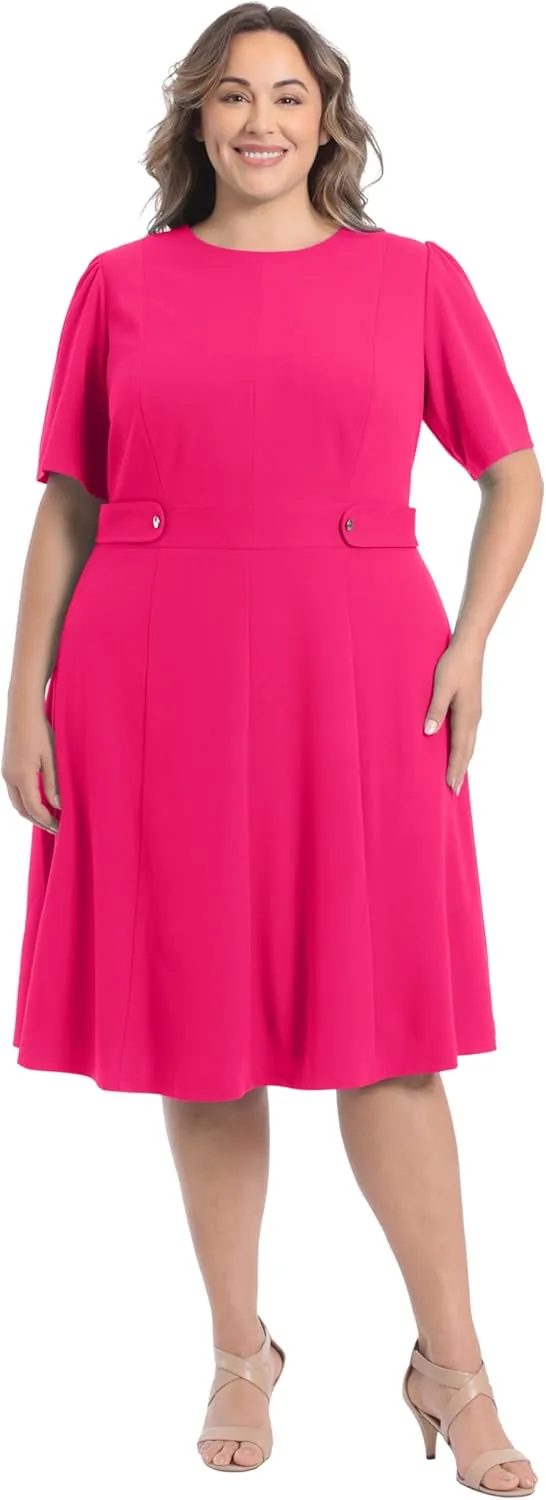 London Times Women's Knit Eyelet Short Sleeve Crepe Inset Waist Midi with Button Detail
