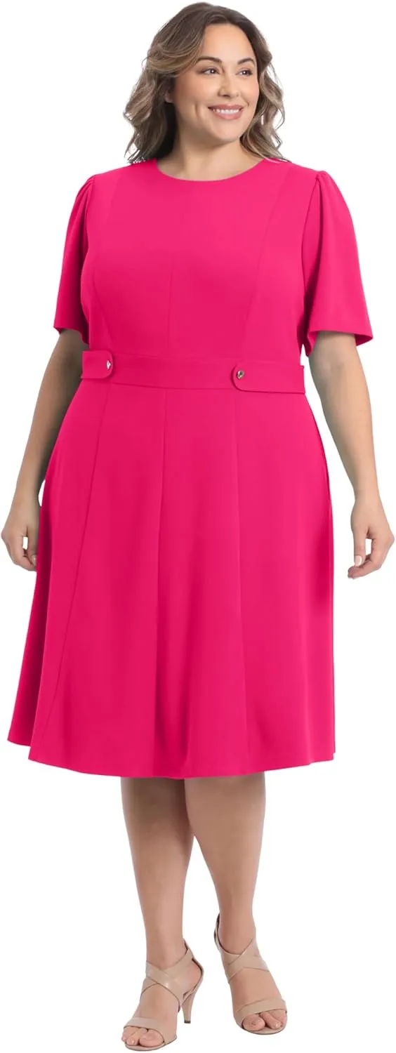 London Times Women's Knit Eyelet Short Sleeve Crepe Inset Waist Midi with Button Detail
