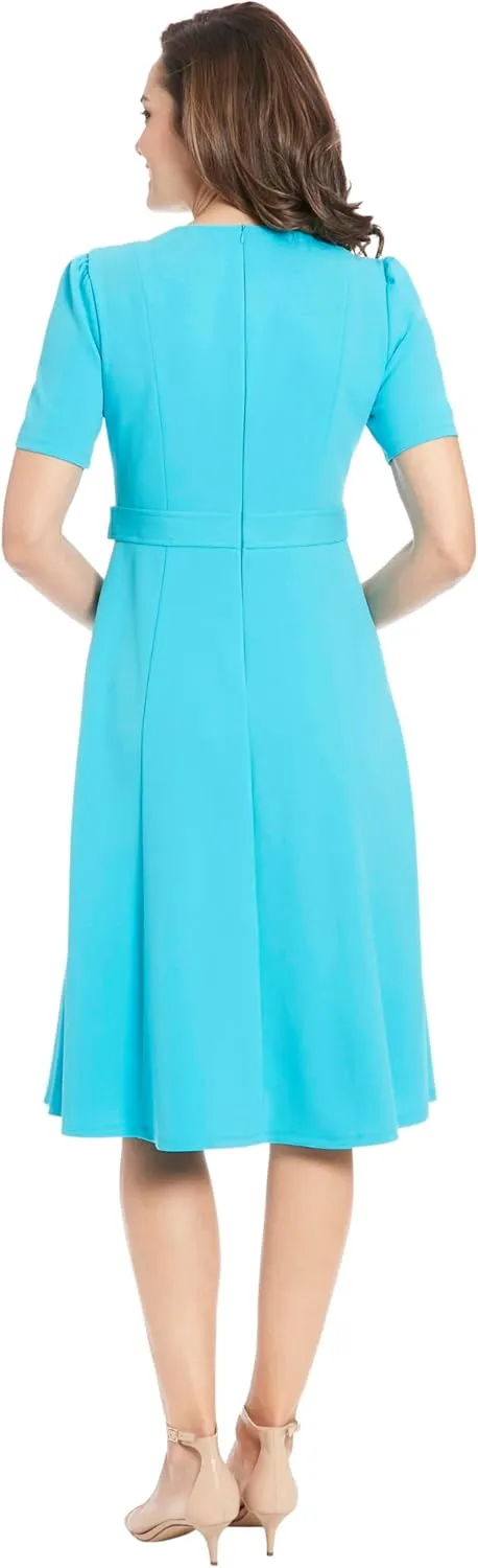 London Times Women's Knit Eyelet Short Sleeve Crepe Inset Waist Midi with Button Detail