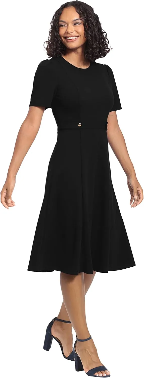 London Times Women's Knit Eyelet Short Sleeve Crepe Inset Waist Midi with Button Detail
