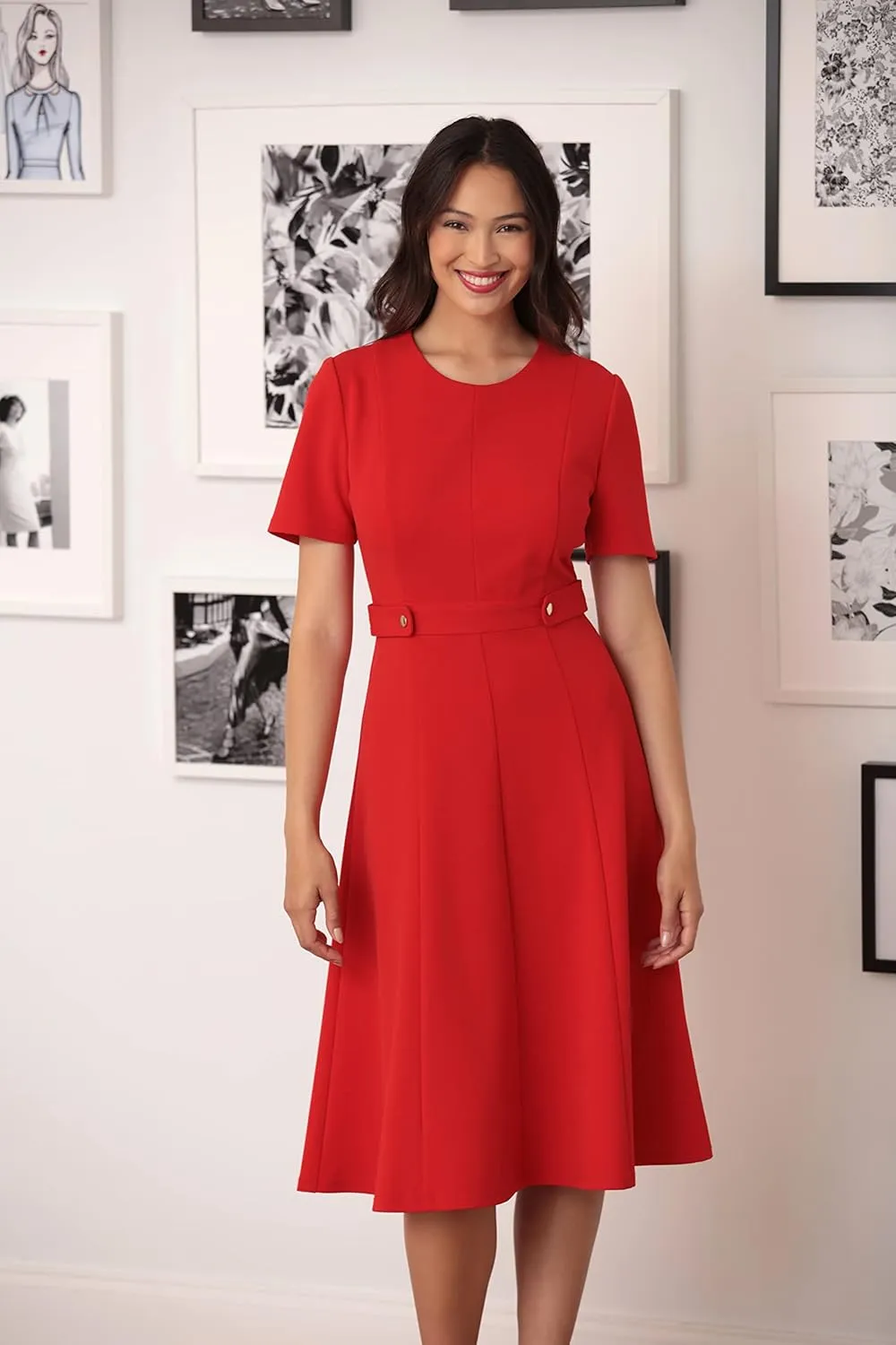 London Times Women's Knit Eyelet Short Sleeve Crepe Inset Waist Midi with Button Detail