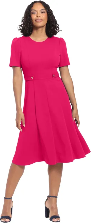 London Times Women's Knit Eyelet Short Sleeve Crepe Inset Waist Midi with Button Detail