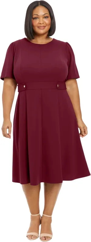 London Times Women's Knit Eyelet Short Sleeve Crepe Inset Waist Midi with Button Detail