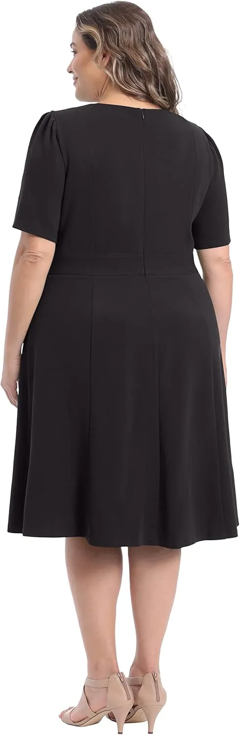 London Times Women's Knit Eyelet Short Sleeve Crepe Inset Waist Midi with Button Detail