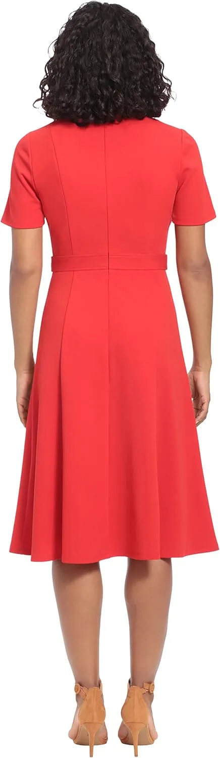 London Times Women's Knit Eyelet Short Sleeve Crepe Inset Waist Midi with Button Detail