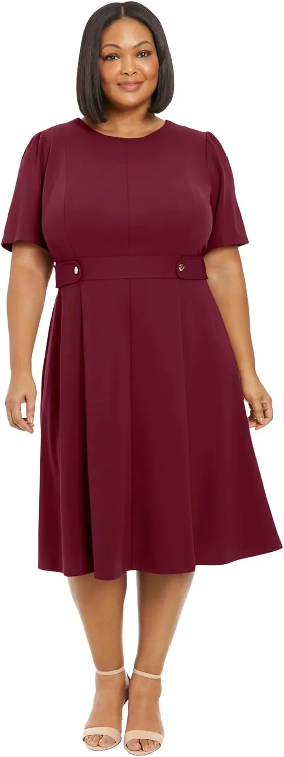 London Times Women's Knit Eyelet Short Sleeve Crepe Inset Waist Midi with Button Detail