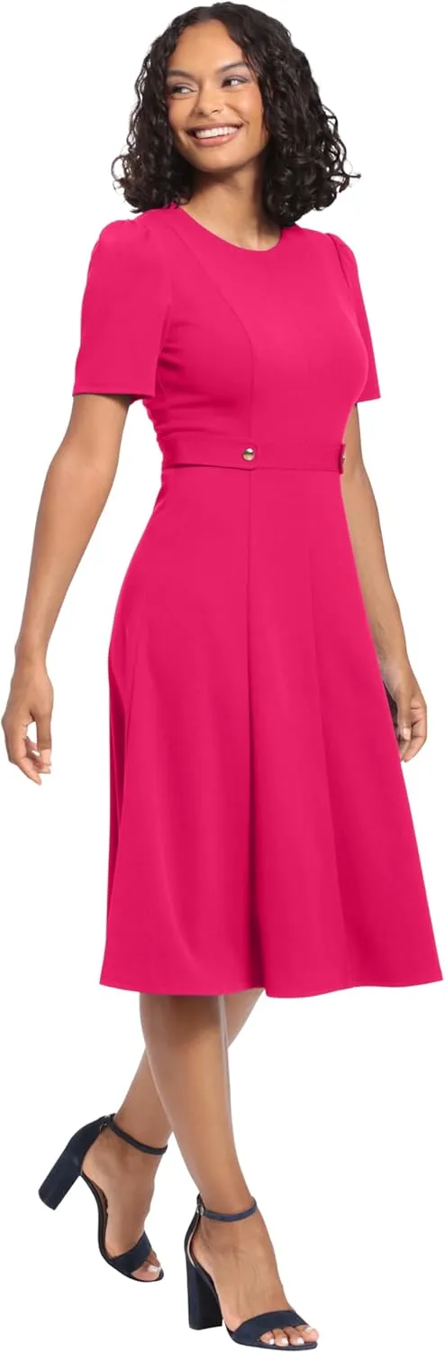 London Times Women's Knit Eyelet Short Sleeve Crepe Inset Waist Midi with Button Detail