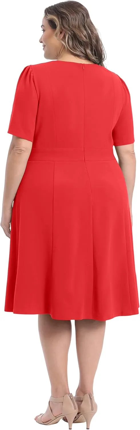 London Times Women's Knit Eyelet Short Sleeve Crepe Inset Waist Midi with Button Detail