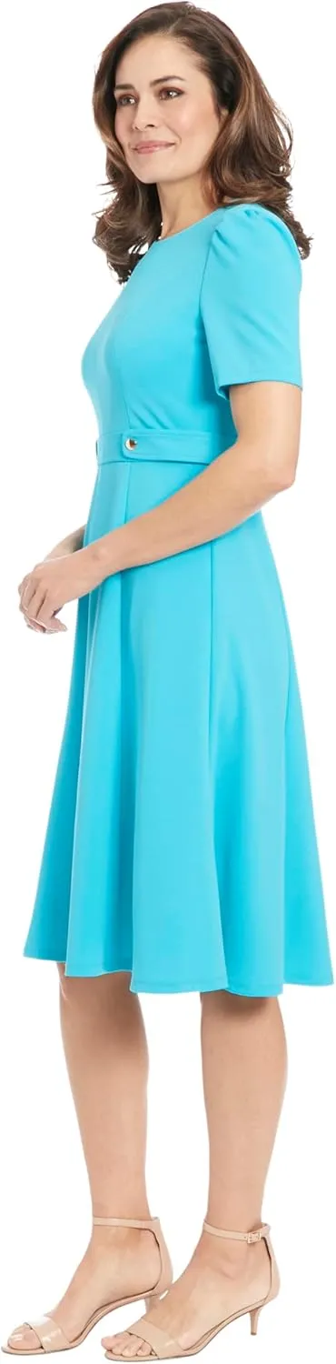 London Times Women's Knit Eyelet Short Sleeve Crepe Inset Waist Midi with Button Detail