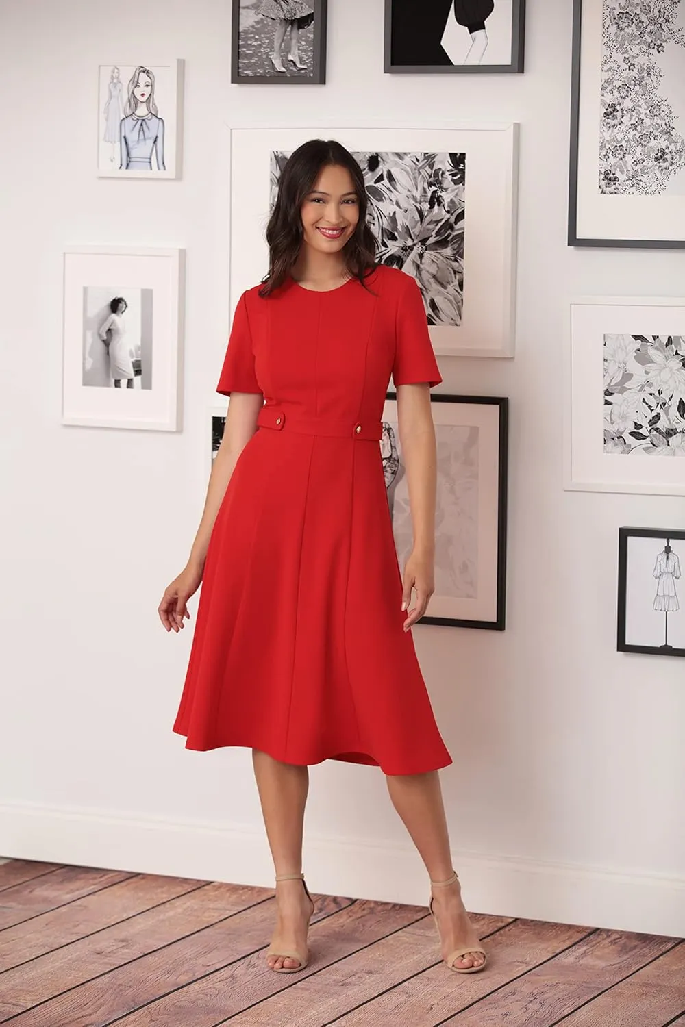 London Times Women's Knit Eyelet Short Sleeve Crepe Inset Waist Midi with Button Detail