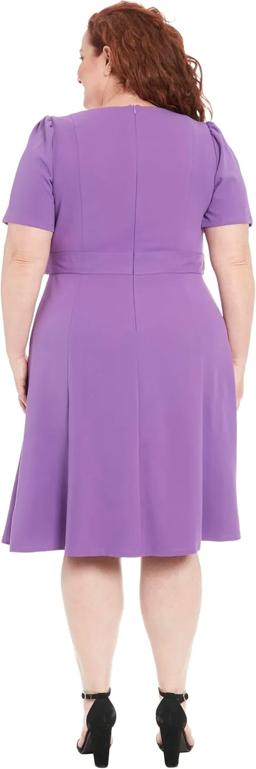 London Times Women's Knit Eyelet Short Sleeve Crepe Inset Waist Midi with Button Detail