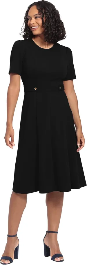 London Times Women's Knit Eyelet Short Sleeve Crepe Inset Waist Midi with Button Detail
