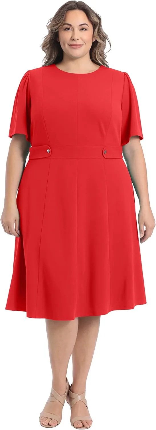 London Times Women's Knit Eyelet Short Sleeve Crepe Inset Waist Midi with Button Detail