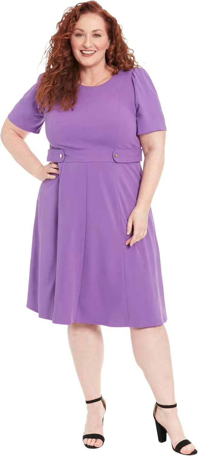 London Times Women's Knit Eyelet Short Sleeve Crepe Inset Waist Midi with Button Detail