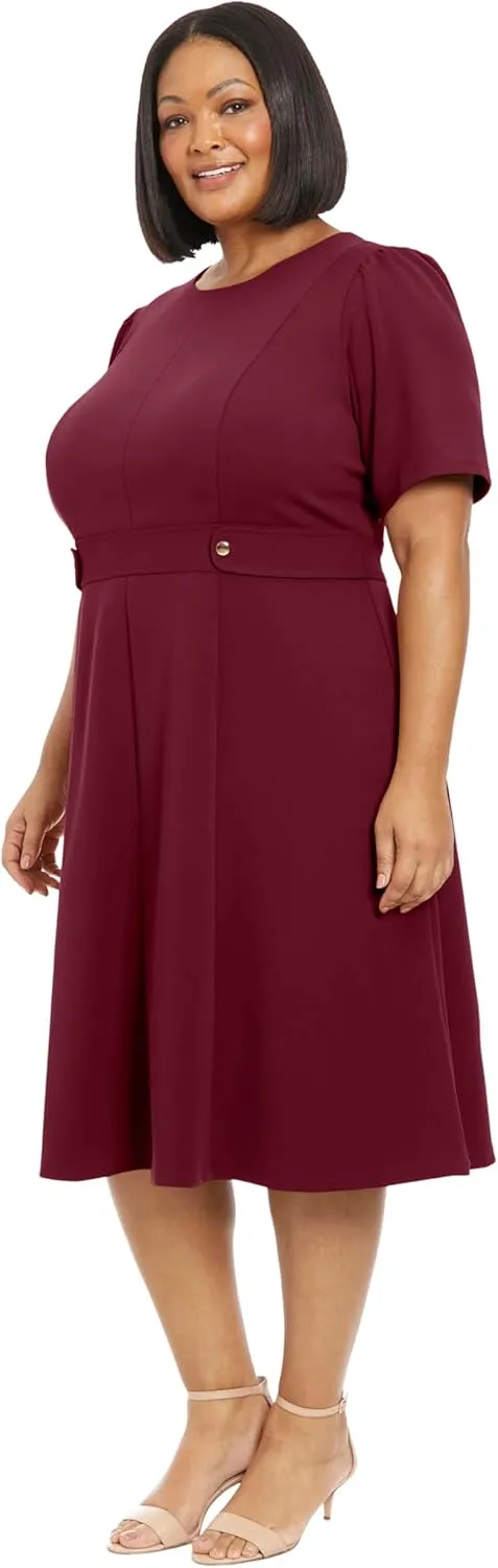 London Times Women's Knit Eyelet Short Sleeve Crepe Inset Waist Midi with Button Detail