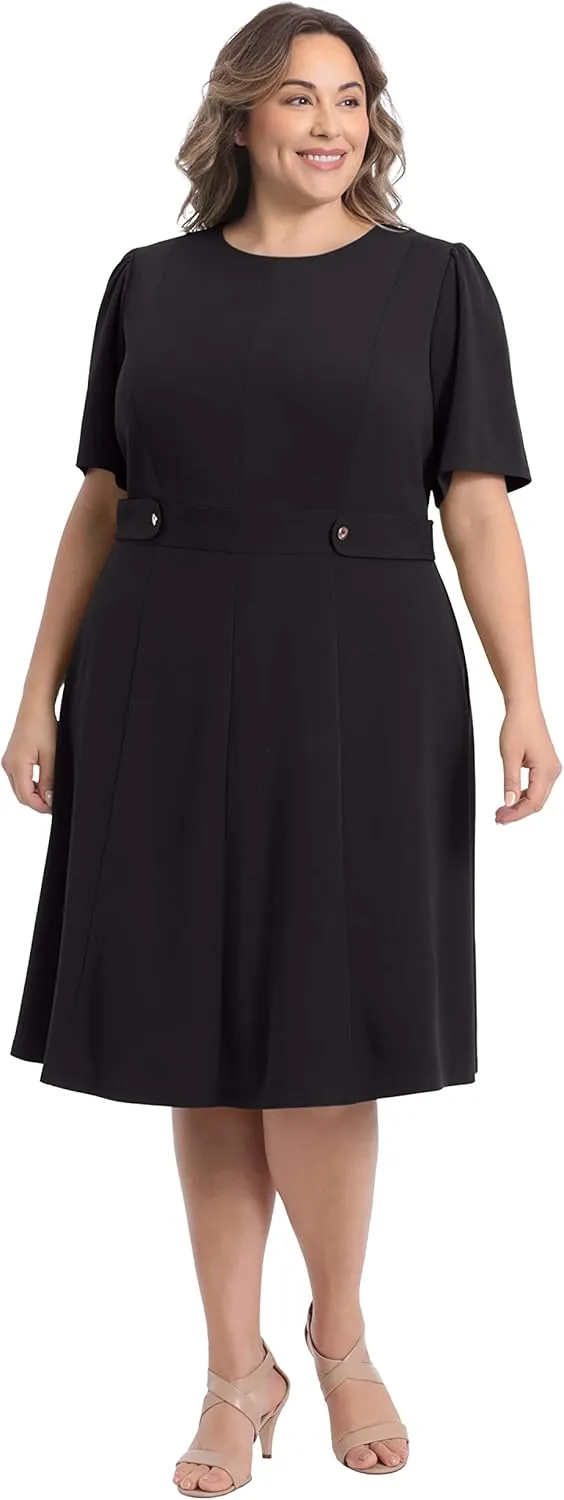 London Times Women's Knit Eyelet Short Sleeve Crepe Inset Waist Midi with Button Detail