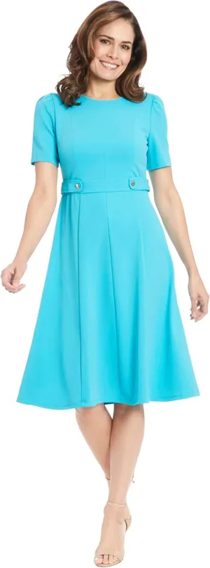 London Times Women's Knit Eyelet Short Sleeve Crepe Inset Waist Midi with Button Detail