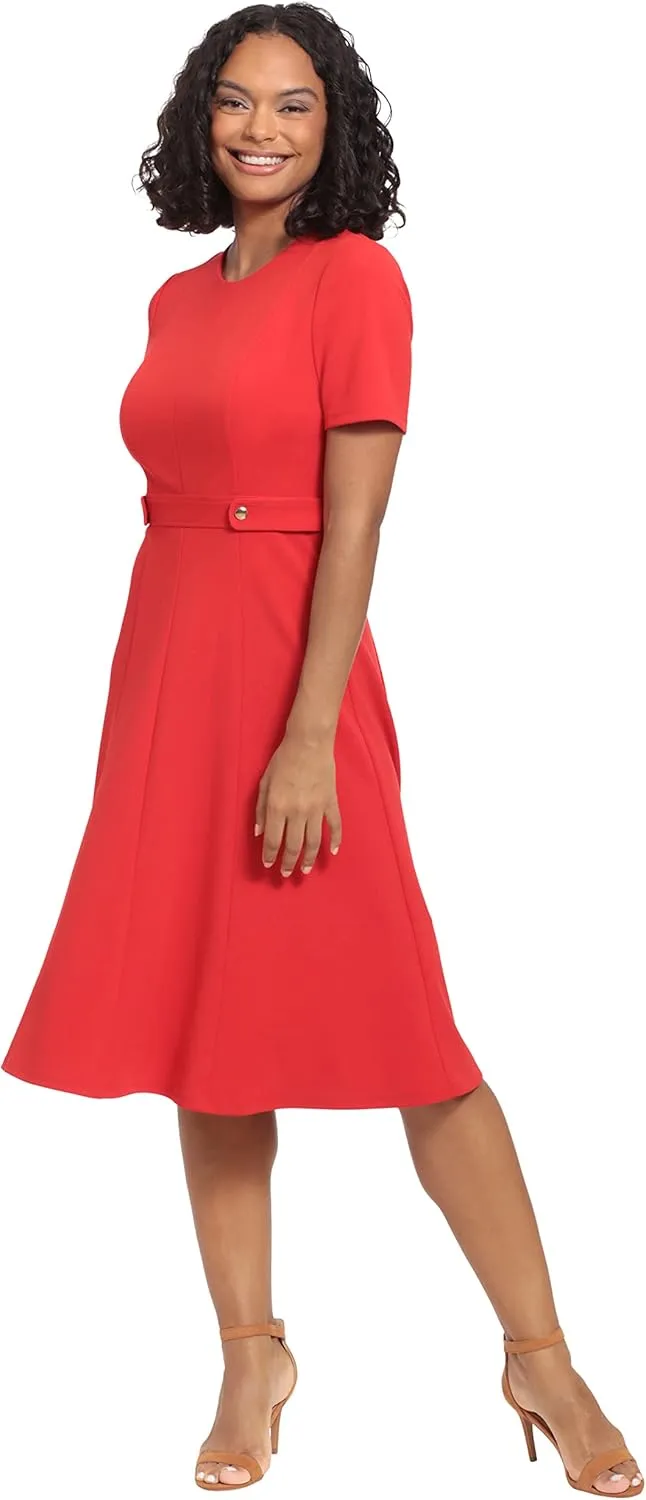 London Times Women's Knit Eyelet Short Sleeve Crepe Inset Waist Midi with Button Detail
