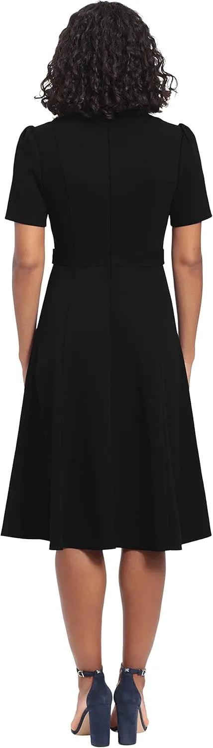 London Times Women's Knit Eyelet Short Sleeve Crepe Inset Waist Midi with Button Detail