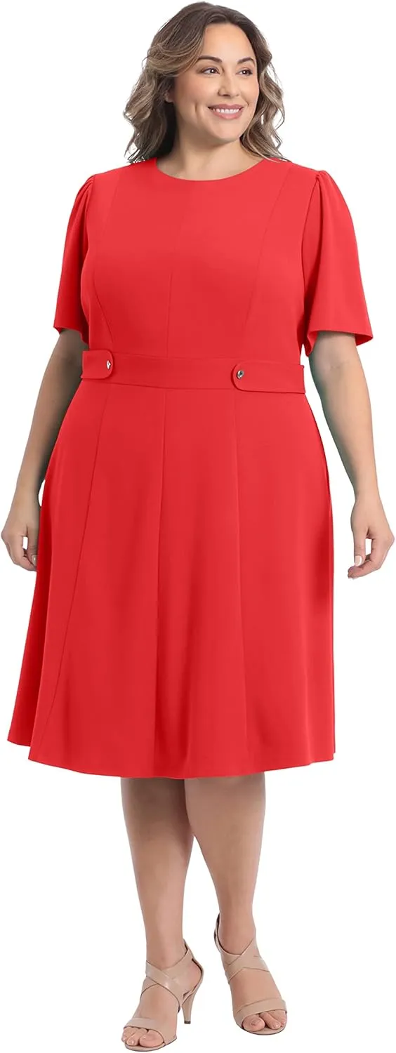 London Times Women's Knit Eyelet Short Sleeve Crepe Inset Waist Midi with Button Detail