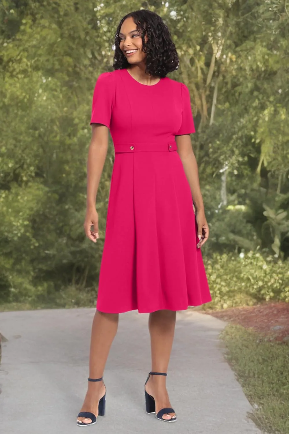 London Times Women's Knit Eyelet Short Sleeve Crepe Inset Waist Midi with Button Detail