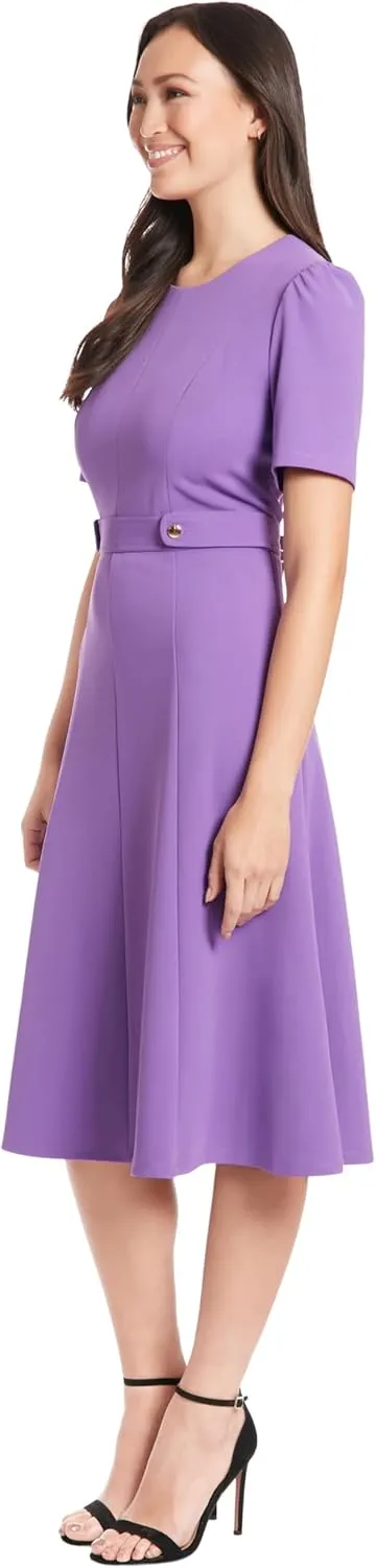 London Times Women's Knit Eyelet Short Sleeve Crepe Inset Waist Midi with Button Detail