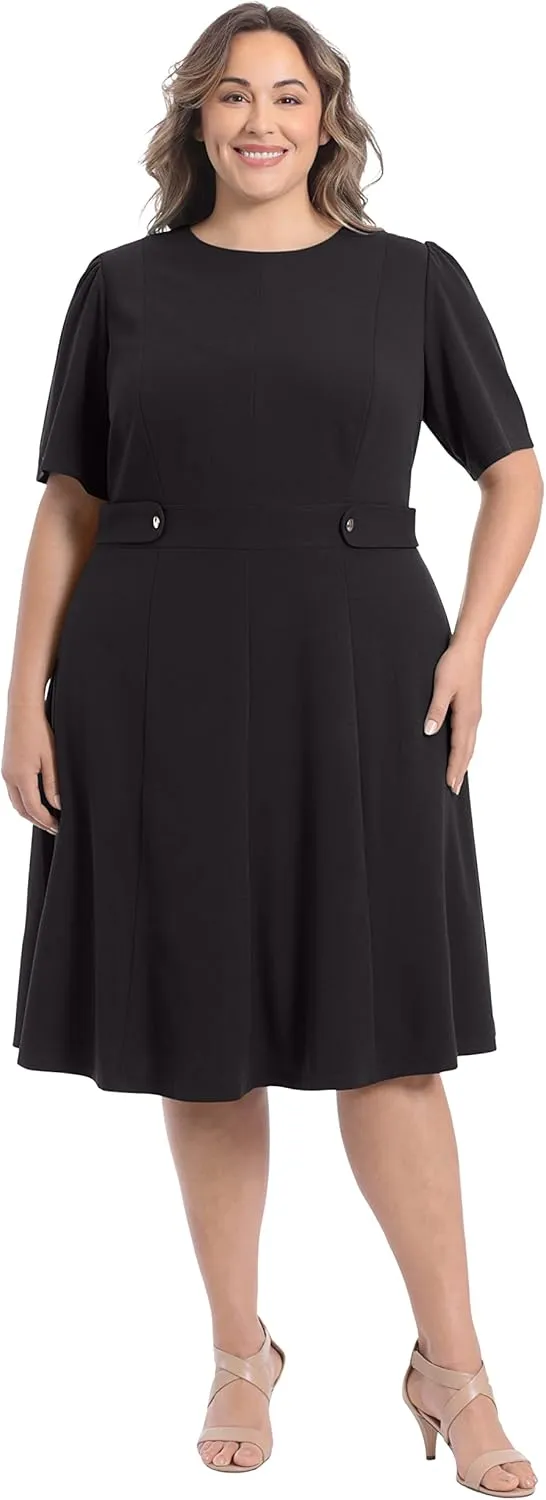 London Times Women's Knit Eyelet Short Sleeve Crepe Inset Waist Midi with Button Detail