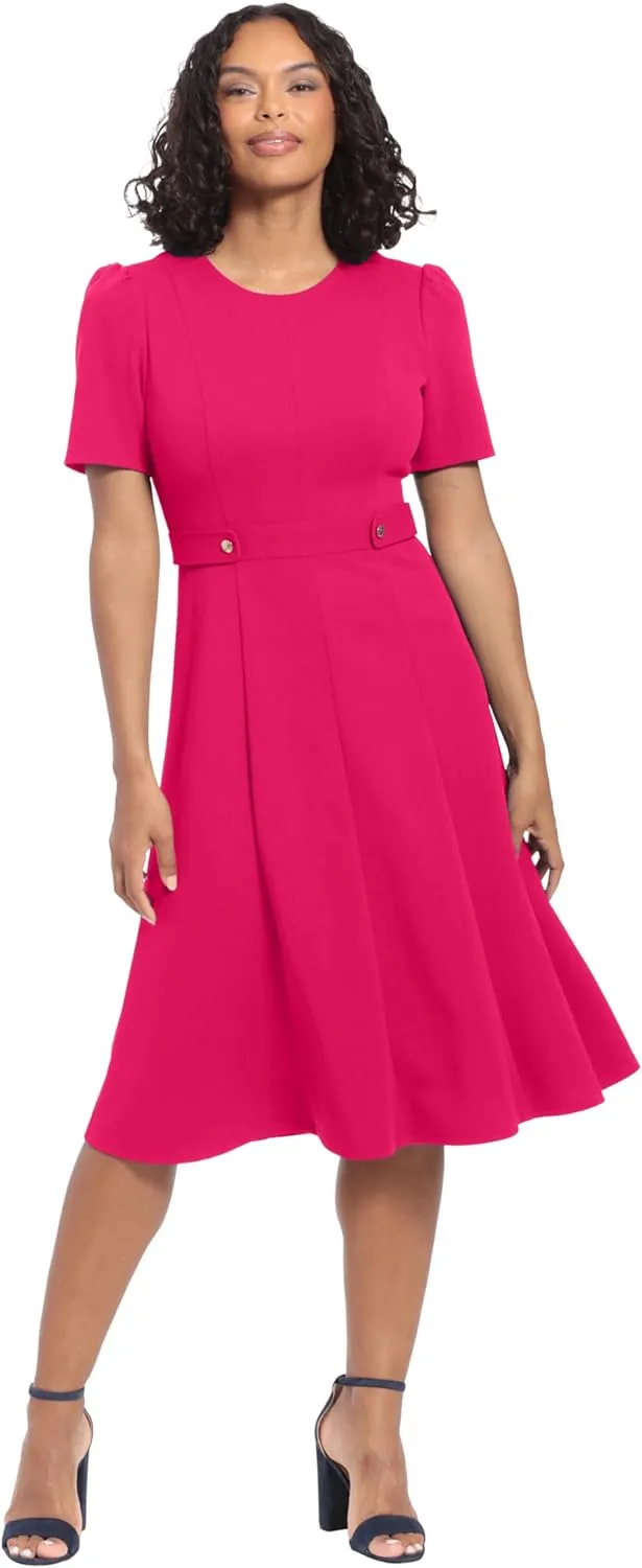 London Times Women's Knit Eyelet Short Sleeve Crepe Inset Waist Midi with Button Detail