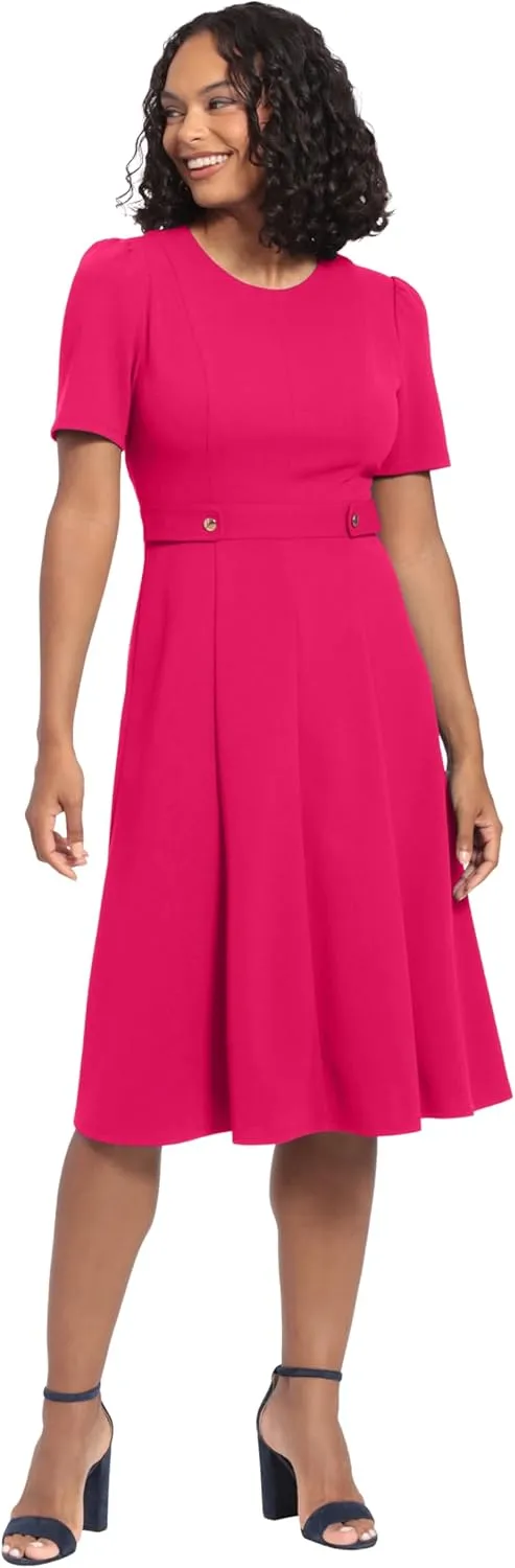London Times Women's Knit Eyelet Short Sleeve Crepe Inset Waist Midi with Button Detail