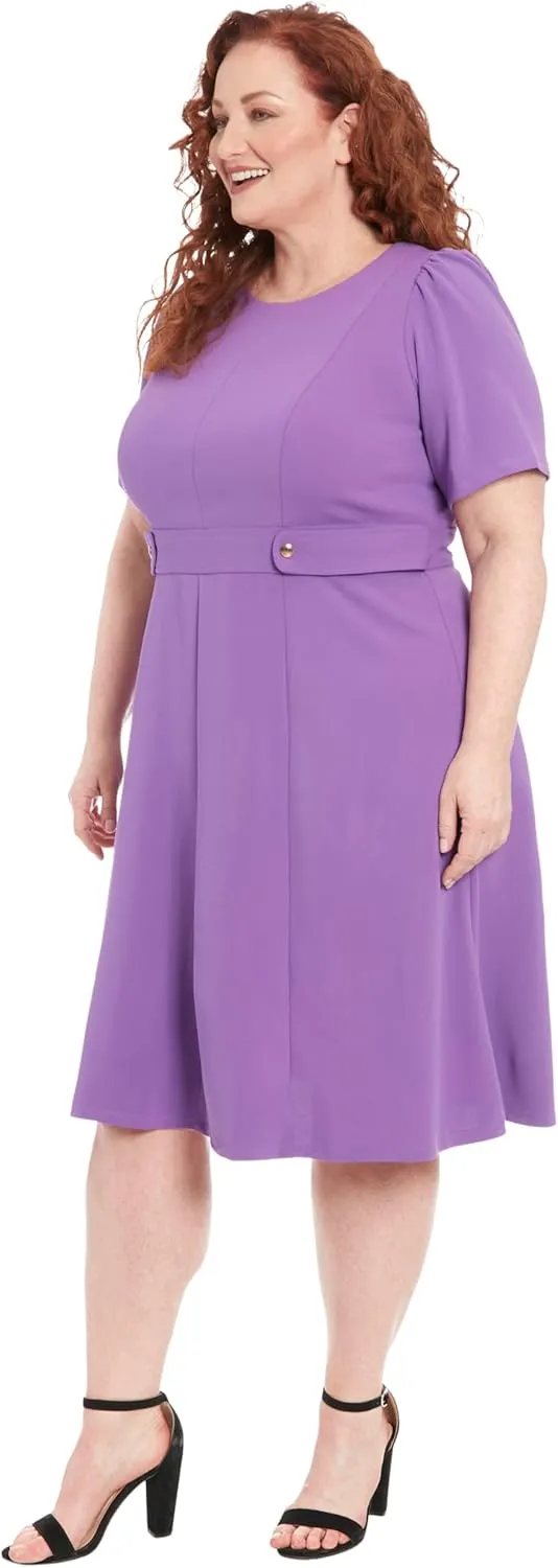 London Times Women's Knit Eyelet Short Sleeve Crepe Inset Waist Midi with Button Detail