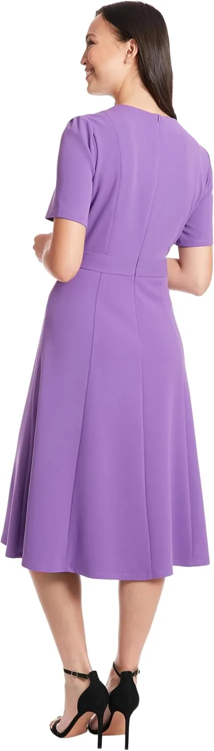 London Times Women's Knit Eyelet Short Sleeve Crepe Inset Waist Midi with Button Detail