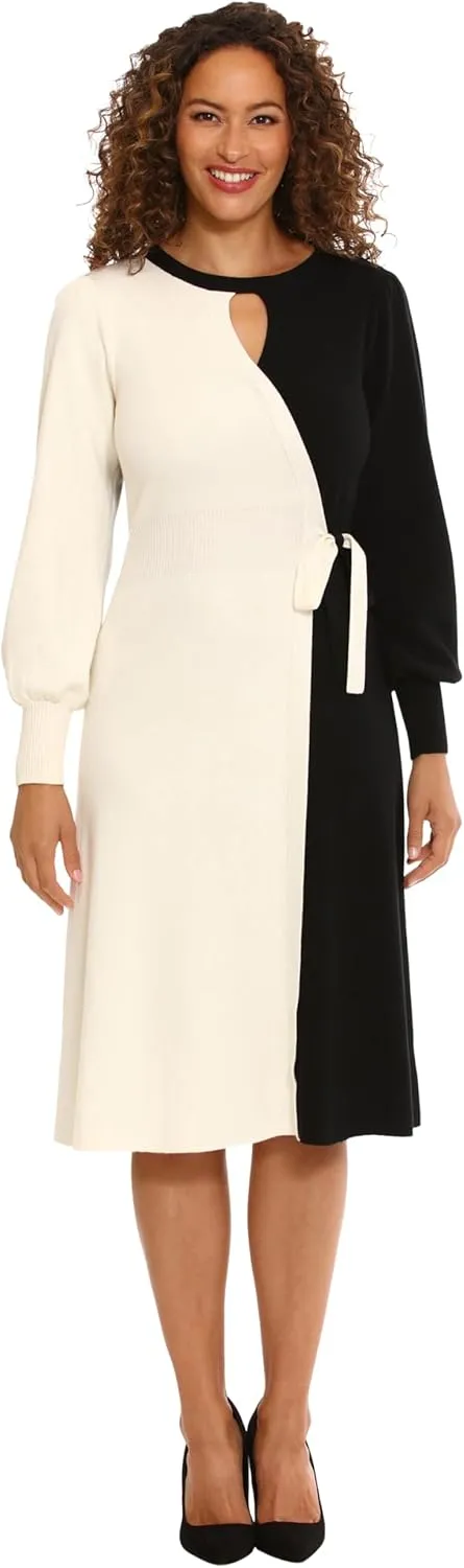 London Times Women's Knit Sweater Print and Solid Fall Holiday Boot Dress
