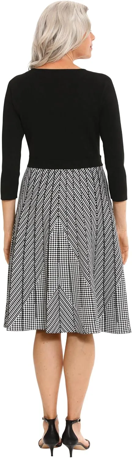 London Times Women's Knit Sweater Print and Solid Fall Holiday Boot Dress