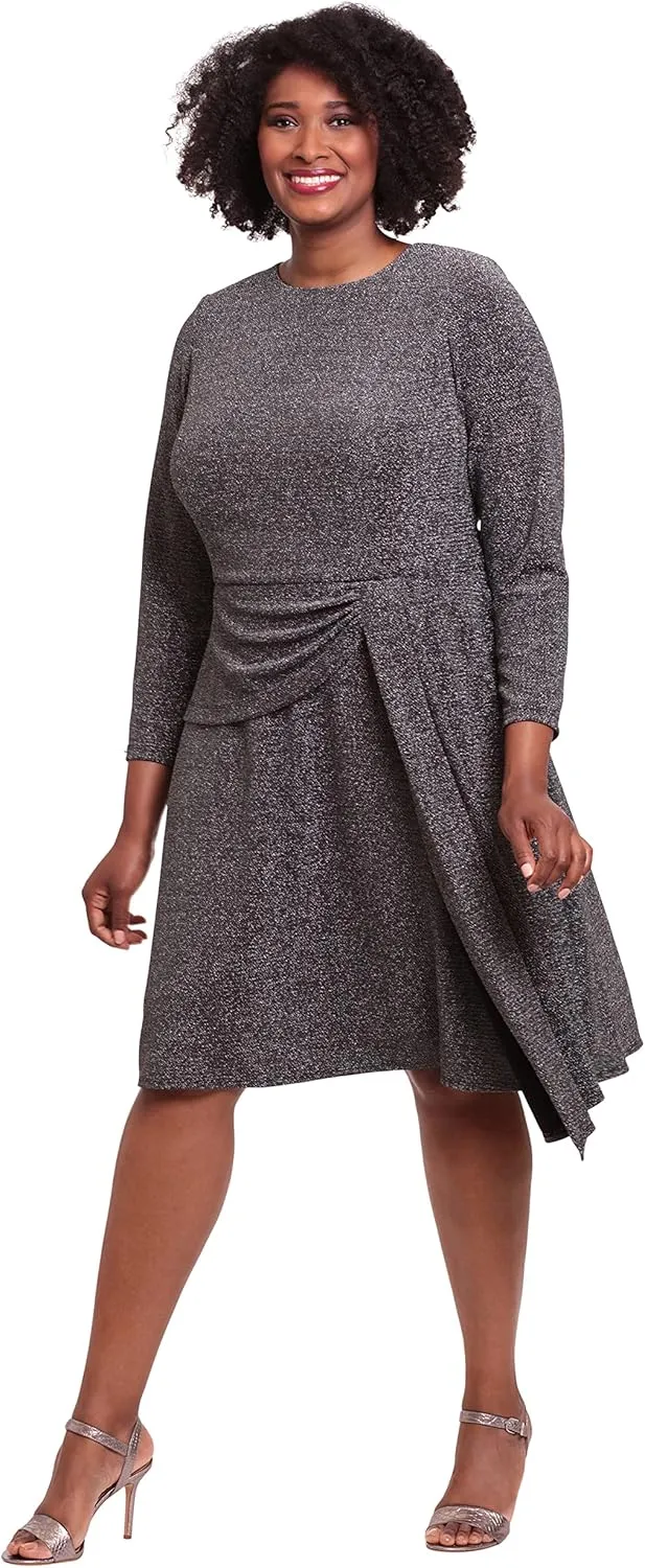London Times Women's Long Sleeve Side Drape Dress