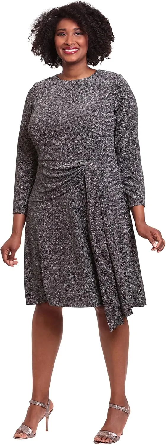 London Times Women's Long Sleeve Side Drape Dress