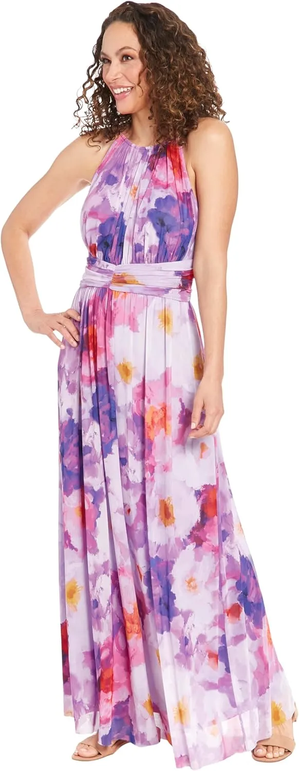 London Times Women's Mesh Halter Maxi with Ruched Waistband Event Guest of Occasion Garden Party