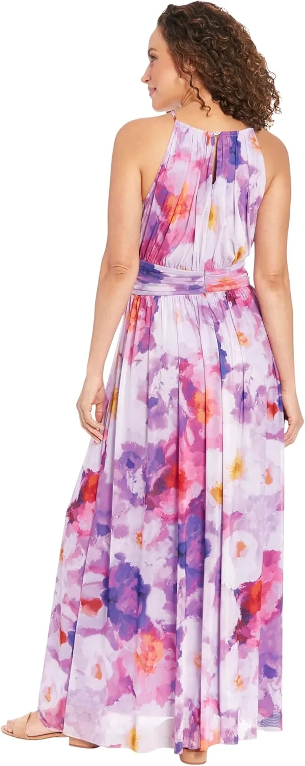 London Times Women's Mesh Halter Maxi with Ruched Waistband Event Guest of Occasion Garden Party