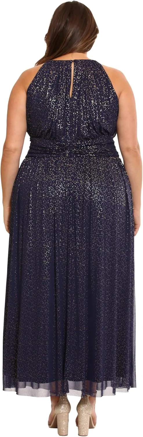London Times Women's Mesh Halter Maxi with Ruched Waistband Event Guest of Occasion Garden Party