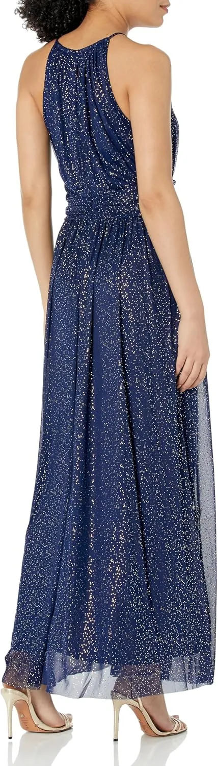 London Times Women's Mesh Halter Maxi with Ruched Waistband Event Guest of Occasion Garden Party