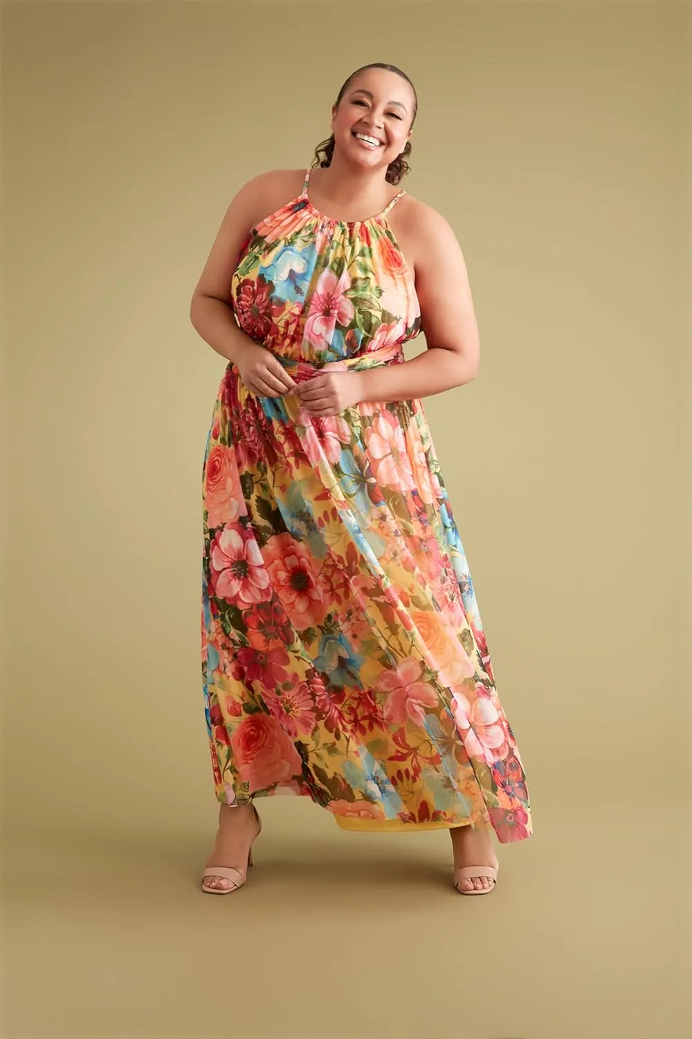 London Times Women's Mesh Halter Maxi with Ruched Waistband Event Guest of Occasion Garden Party